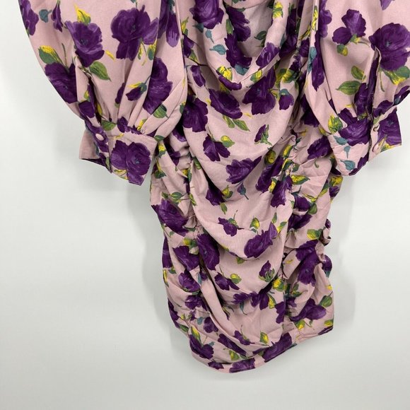 Nasty Gal Dress Purple Floral Print Balloon Sleeve Ruched Mini NWT - Picture 9 of 12